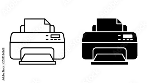 Tableau sur toile Printer Icon Set: A clean and modern icon set featuring two printers, one outlined in black and white and the other a solid black silhouette, representing printing and document output technology
