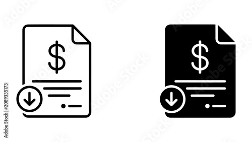 Financial Document Icons: A set of two icons representing financial documents, one in outline and one in solid black, both featuring a dollar sign and a download arrow.