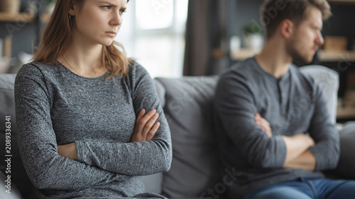 Sad young man and woman sitting on sofa with crossed arms ignoring each other after a fight or misunderstanding at home close up. Relationship crisis, family conflict, or divorce concept.