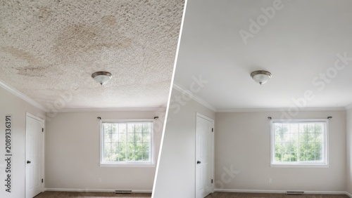 Discolored popcorn ceiling and smooth white finish in empty room