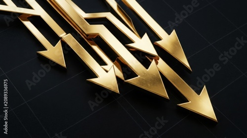 Golden arrows pointing downwards on a dark background representing financial market decline trends