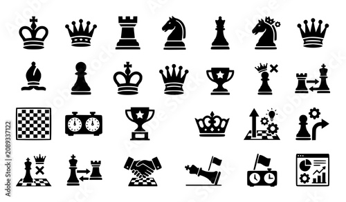 Photos Modern Chess Vector Icons Collection with Chess Pieces Chessboard and Tournament