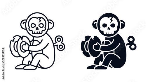 Konstfotografi Monkey Skull Wind-Up Toy Icon: Two illustrative icons depict a stylized monkey toy with a skull face and wind-up key, holding cymbals, representing a playful yet macabre concept