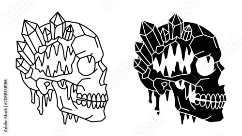 Fotografía Crystal Skull Art: A stylized skull adorned with sharp, multifaceted crystals, rendered in both outline and solid black for graphic design purposes