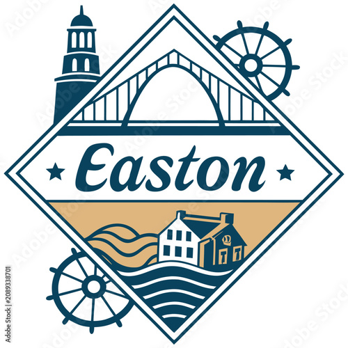 Vintage Easton Nautical Emblem with Bridge, Lighthouse, Ship's Wheel, and Historic House - Retro Travel Decal and Logo Vector Illustration