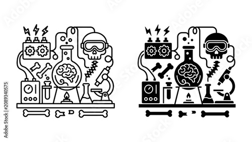 Fotografie Mad Scientist's Laboratory: An illustration depicting a whimsical mad scientist's laboratory filled with peculiar equipment, including a bubbling flask with a brain, glowing tubes
