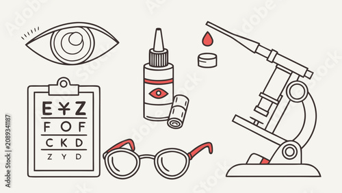 Fotografie Optometry and eye examination icon set with optometry microscope healthcare