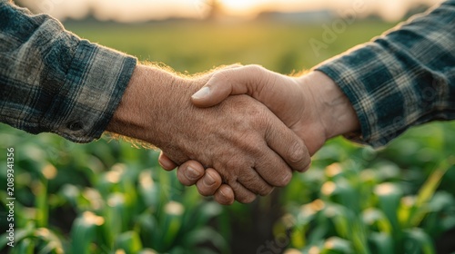 Two Farmers Shaking Hands in a Green Field at Sunset
