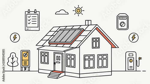 Smart home energy efficiency and sustainability line icons with eco friendly