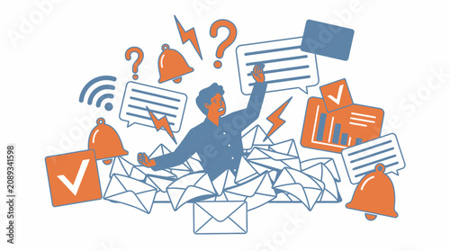 A stressed office worker overwhelmed by a massive pile of digital messages and notifications.