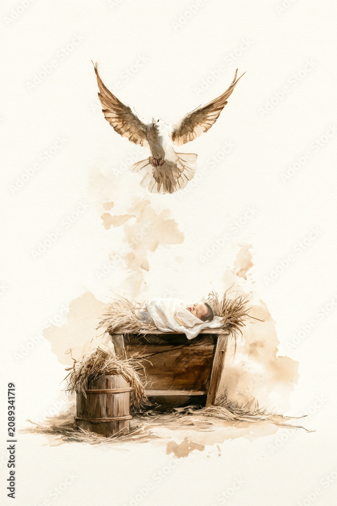 Obraz premium Soft watercolor illustration shows a white dove with brown wings flying down towards baby Jesus in a manger, wrapped in cloth and resting on hay