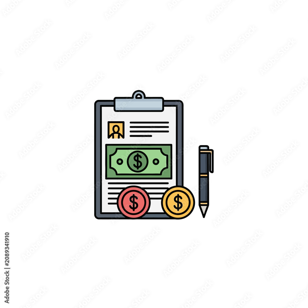 Naklejka premium A flat vector illustration of a clipboard with money and a pen representing financial documentation.