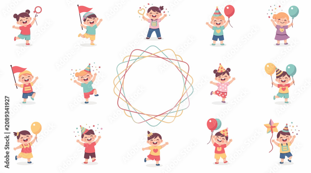 Fototapeta premium happy children playing with balloons and flags