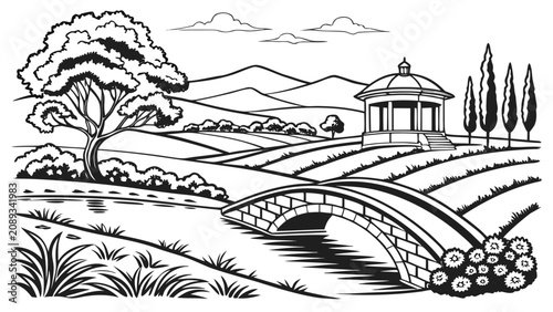 Fotografía Park landscape with garden gazebo stone bridge and rolling hills, landscape