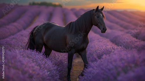 Black Friesian Stallion Standing Proud in a Beautiful Blooming Lavender Field Under Vibrant Golden Sunset Sky