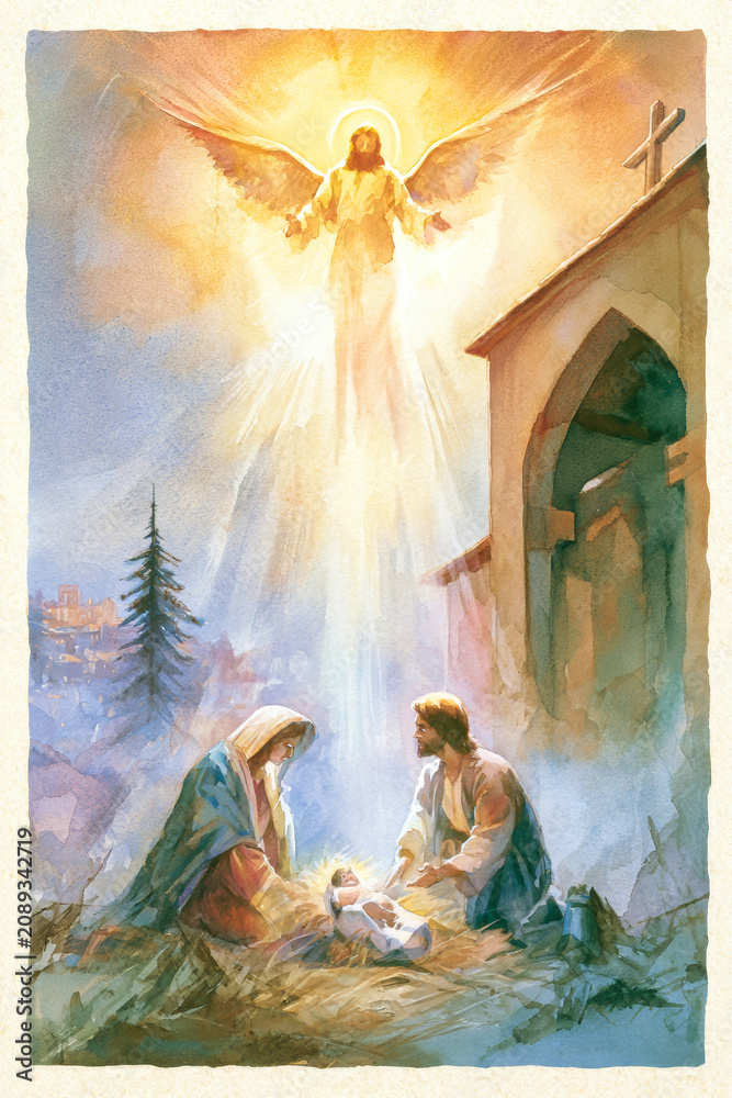 Obraz premium Mary and Joseph gather around their newborn baby in a stable. An angel watches over them with a bright light. This scene happens in a small town