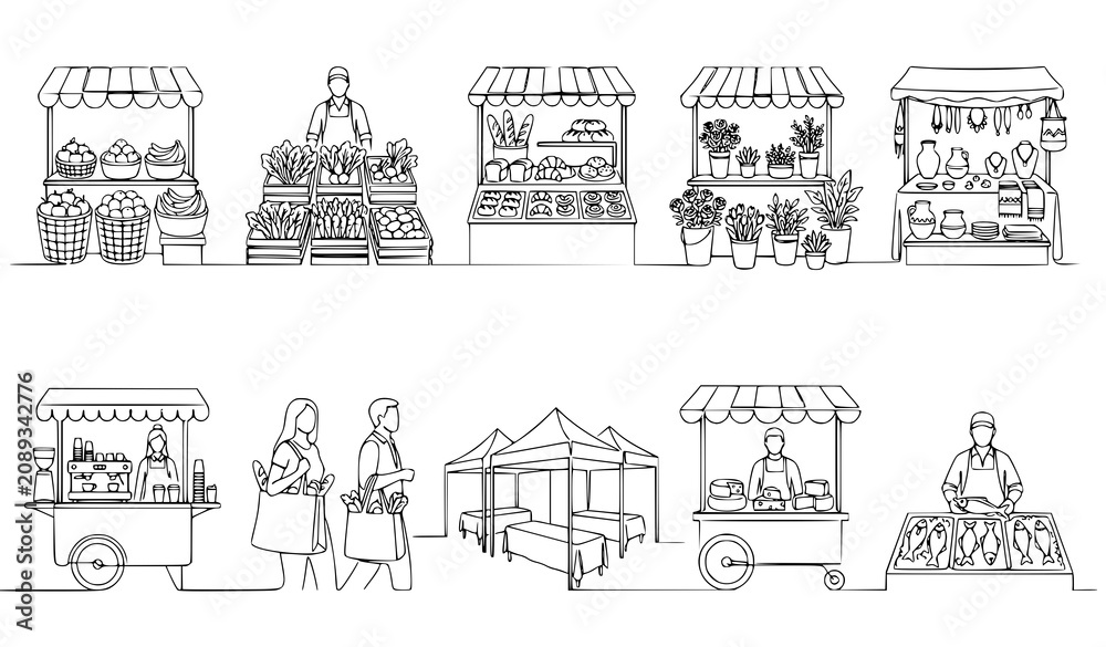 Obraz premium Market Stall Line Art Vector Set Food Cart Vendor Shop Outline Illustration Collection for Street Market Design