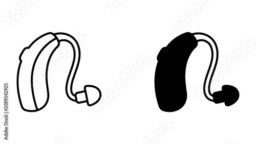Hearing Aid Icon: Simple line art illustration of a behind-the-ear hearing aid in both white and black outline styles.