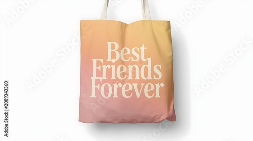 Canvas Totebag Mockup with Soft Pastel Orange and Pink Gradient Background and Elegant White Typography Best Friends Forever