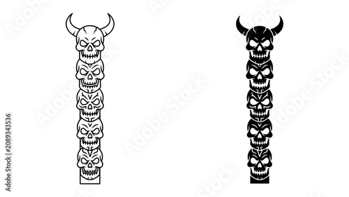Bild auf Leinwand Skull Totem Pole: Two stylized totem poles carved with multiple skulls, one in outline and the other in solid black, with horned figures at the top, evoke a dark and mystical aesthetic