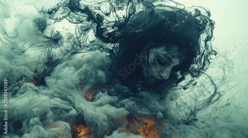 Woman with Flowing Hair Surrounded by Abstract Smoke Patterns