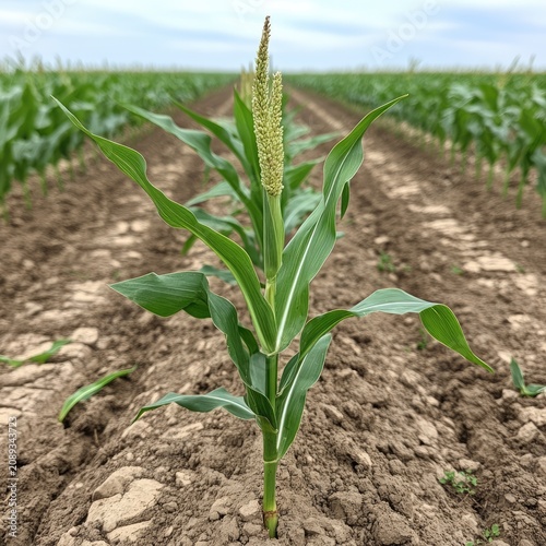 Young Corn Plant Growing in Agricultural Field.