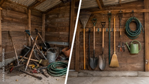Garden shed floor clutter and wall hooks for tools