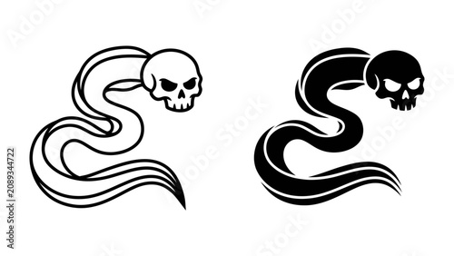 Canvastavla Skull Serpent Vector: A stylized illustration of a serpent with a skull for a head, presented in both outline and solid black versions, conveying a sense of mystery and danger