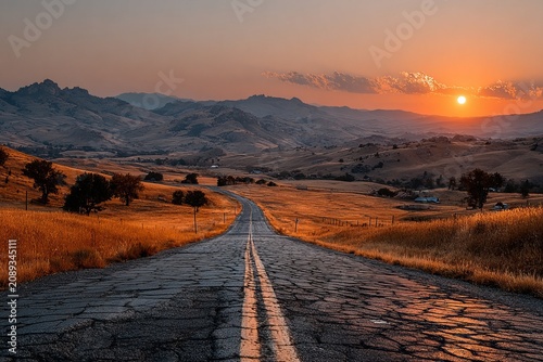 Sunset over winding road in rural valley with golden grass and distant mountains creating a serene landscape at dusk