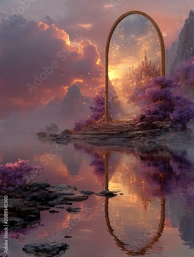Enchanting portal reflects golden twilight over tranquil waters, surrounded by mystical mountains and vibrant blossoms in a serene fantasy landscape