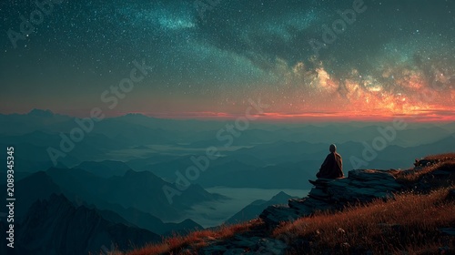 Serenity at dawn as a lone figure contemplates the vast expanse of the universe beneath a brilliant sky filled with stars and colors of a new day