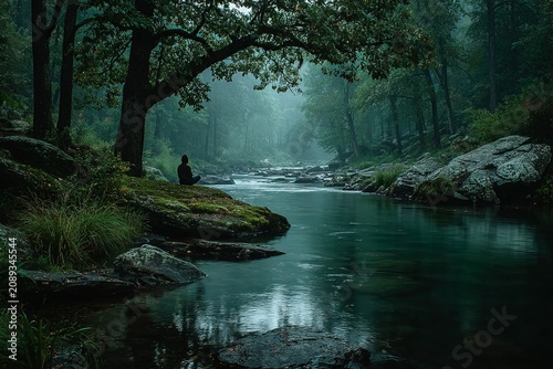 In the early morning light, a peaceful river flows gently, surrounded by misty trees, creating a perfect setting for quiet reflection