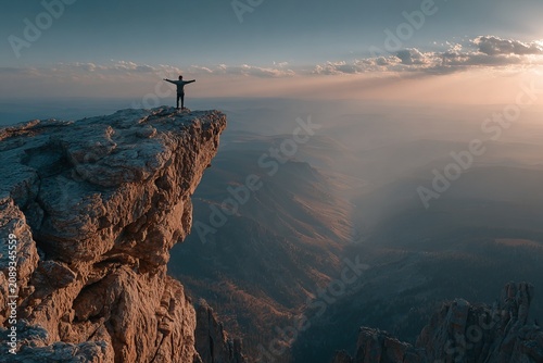 Standing proudly on the edge of a majestic cliff, a lone figure embraces the breathtaking sunset view across a vast mountain landscape