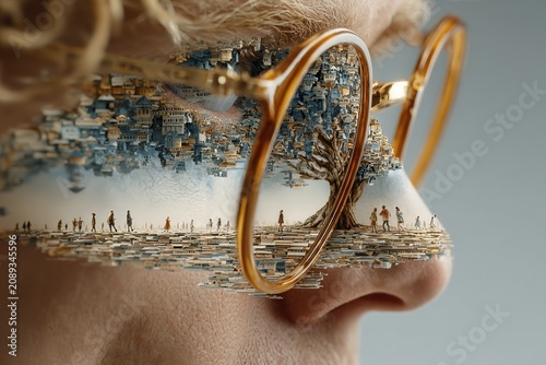 Vision of a vibrant world reflected in unique eyeglasses showcasing a blend of nature and urban life, capturing the beauty of imagination