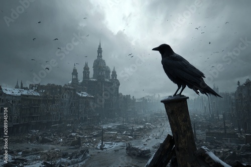 Dark skies hover over a decaying city with a solitary raven perched on a ruined structure, evoking a sense of solitude and forgotten stories from a devastated past