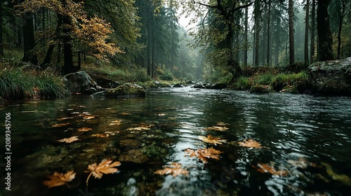 Gentle river flows through a serene forest adorned with autumn leaves on a foggy morning in the heart of nature
