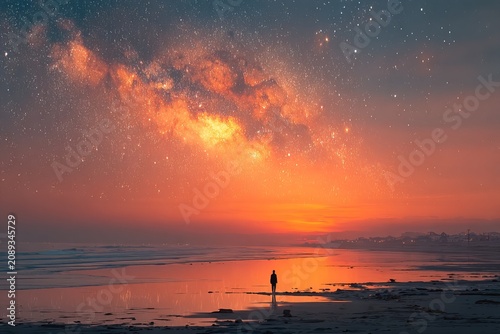 Under a canopy of stars, a tranquil beach emerges, where the ocean kisses the night sky in a mesmerizing twilight scene