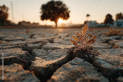Resilient plant emerges from dry, cracked earth under a golden sunset, symbolizing hope and endurance in a changing landscape