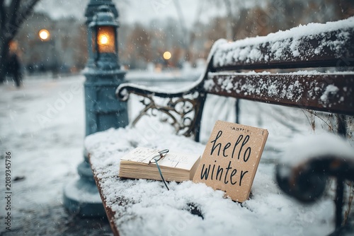 Charming park bench dressed in snow celebrates winter with a heartfelt greeting as lanterns glow softly in the background during a serene snowy afternoon