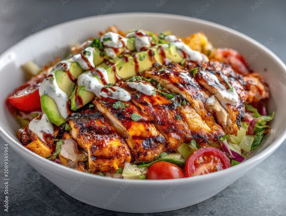 Fototapeta premium Close-up of grilled chicken salad with avocado and creamy dressing in white bowl studio shot food photography