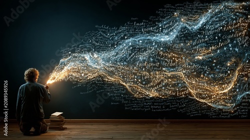 Igniting creativity with words in a dark room, a figure conjures a luminous stream of ideas from the tip of a sparkler, surrounded by stacks of books