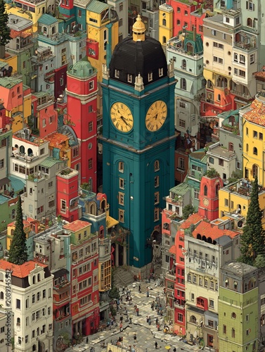 Urban oasis of colorful buildings surrounding an iconic clock tower in a vibrant city square during a sunny afternoon
