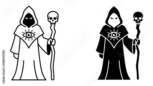 Schilderij op canvas Mystical Sorcerer Iconography: A powerful sorcerer, cloaked and hooded, stands holding a staff topped with a skull and adorned with an all-seeing eye symbol, representing arcane knowledge and mystery