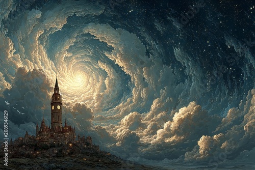 Swirling night sky above an ancient clock tower in a dreamlike landscape filled with stars and ethereal clouds