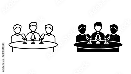 Fotografía Panel Discussion Icons: Simple and modern icons depicting a panel of speakers at a table with microphones, symbolizing debate, conference, or interview