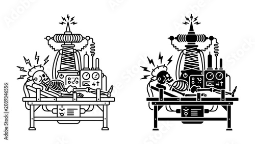 Foto Mad Scientist's Experiment: A skeletal figure lies on a laboratory table connected to a complex electrical apparatus, amidst crackling sparks and scientific equipment