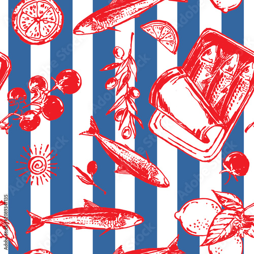 Mediterranean Summer Seamless Pattern with Hand Drawn Sardines, Lemons and Tomatoes on Blue Striped Background. Vintage Seafood Vector Illustration for Fabric and Kitchen Decor.
