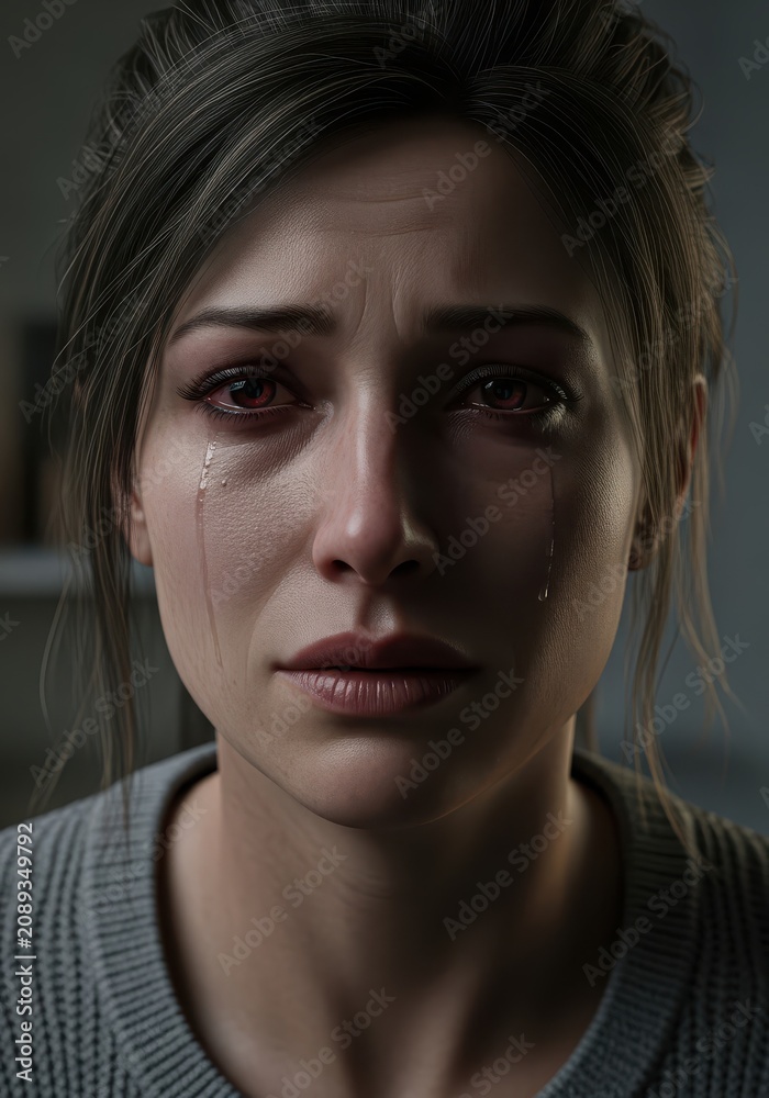 Fototapeta premium Close-up Portrait of a Crying Woman with Tears Streaming Down Her Face Expressing Deep Sadness and Grief