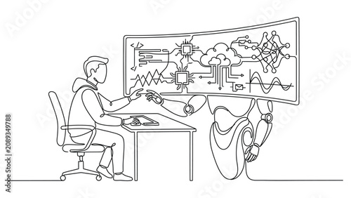 Continuous line art of human and robot collaborating on technology