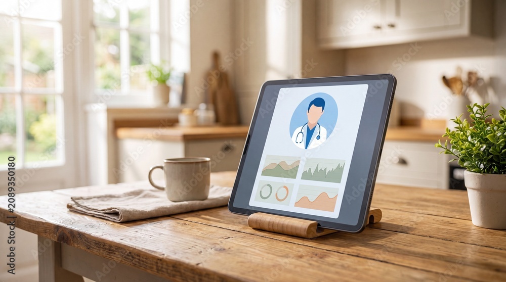 Fototapeta premium Telemedicine consultation on a digital tablet, virtual doctor appointment, online healthcare service, remote medical assistance for modern living